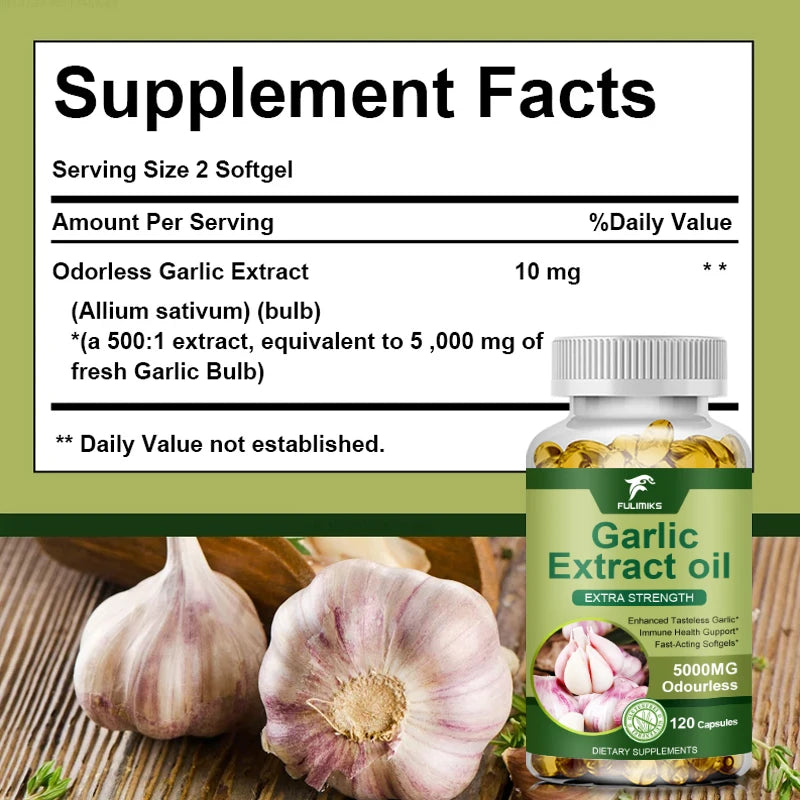 Organic Garlic Oil Extract Capsule, Odor-free, for Immune and Cardiovascular, Cholesterol Health Support Nutrition Supplement