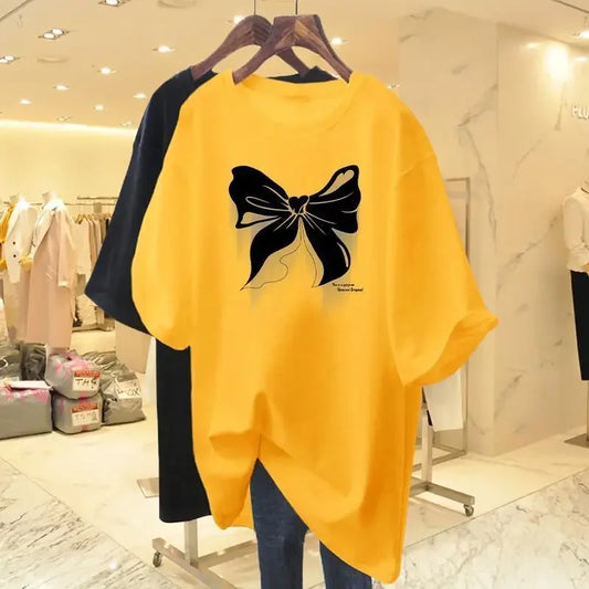 White Cotton Loose Round Neck Bow Short Sleeve Tee T-shirt Women's Mid Length 2023 Summer New European Oversized Fashion Tops
