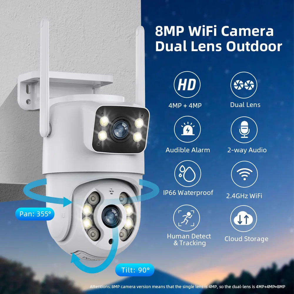 8MP 4K PTZ WiFi Camera Dual Lens 5X Zoom Night Vision Auto Tracking Wifi Surveillance Camera CCTV IP Camera Security Protection