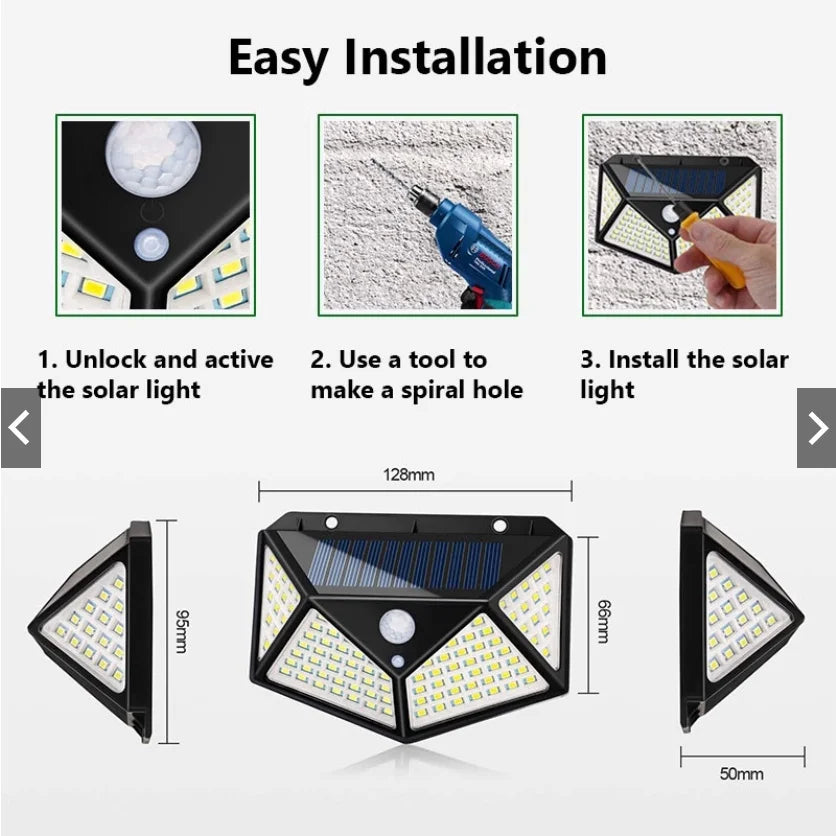 100 LED Solar Light 3 Modes PIR Motion Sensor Solar Wall Lamp Waterproof Energy Saving Outdoor Garden Courtyard Security Light