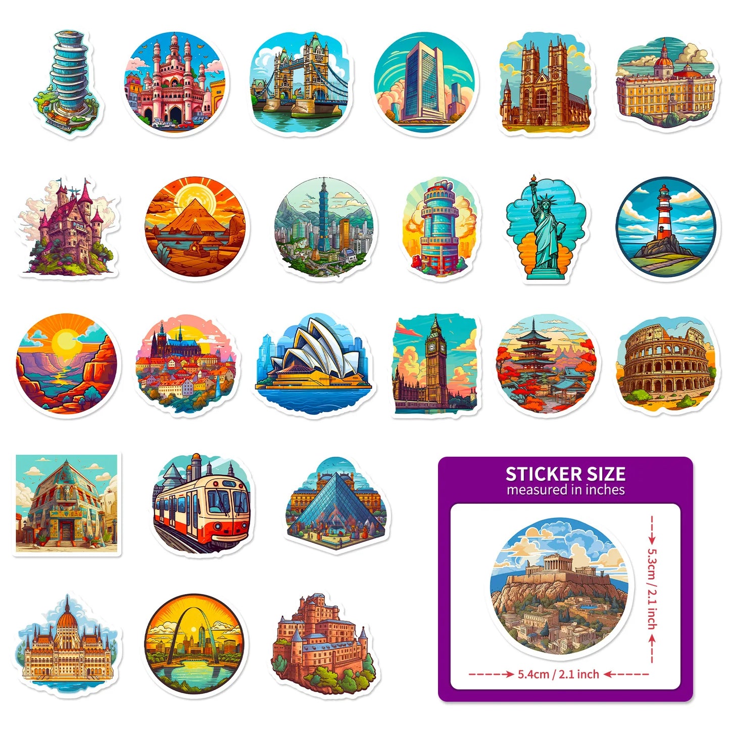 50pcs World Landmarks Buildings Cultural Landscapes Creative Tourism City Maps Waterproof Stickers in Various Countries