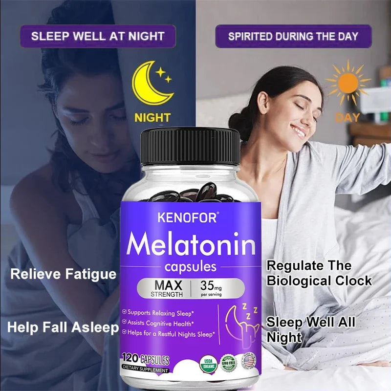 Melatonin Capsules - Natural Nighttime Sleep Aids Improve Sleep Quality, Relieve Migraines Nourish Nerves and Increase Energy