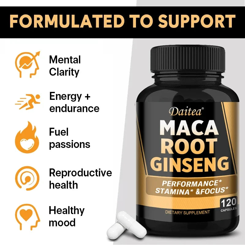 Vegan 11400mg (Yellow+Red+Black) Maca & Ginseng Root Extract - Muscle, Energy & Strength Supplement - 120 Capsules