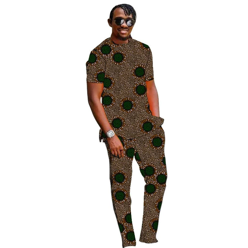 Summer African Clothes Men Set Nigerian Style Tops With Pant Groom Suit Male Traditional Ankara Outfit