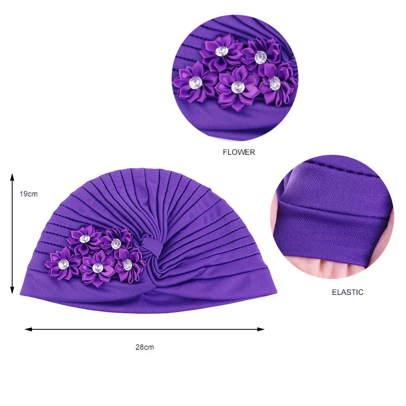 New Elegant Women Rhinestoned flower Turban Bonnet Muslim Hijab Headscarf Caps Pleate Ruffle Turban Chemo Cap Wedding Beanie