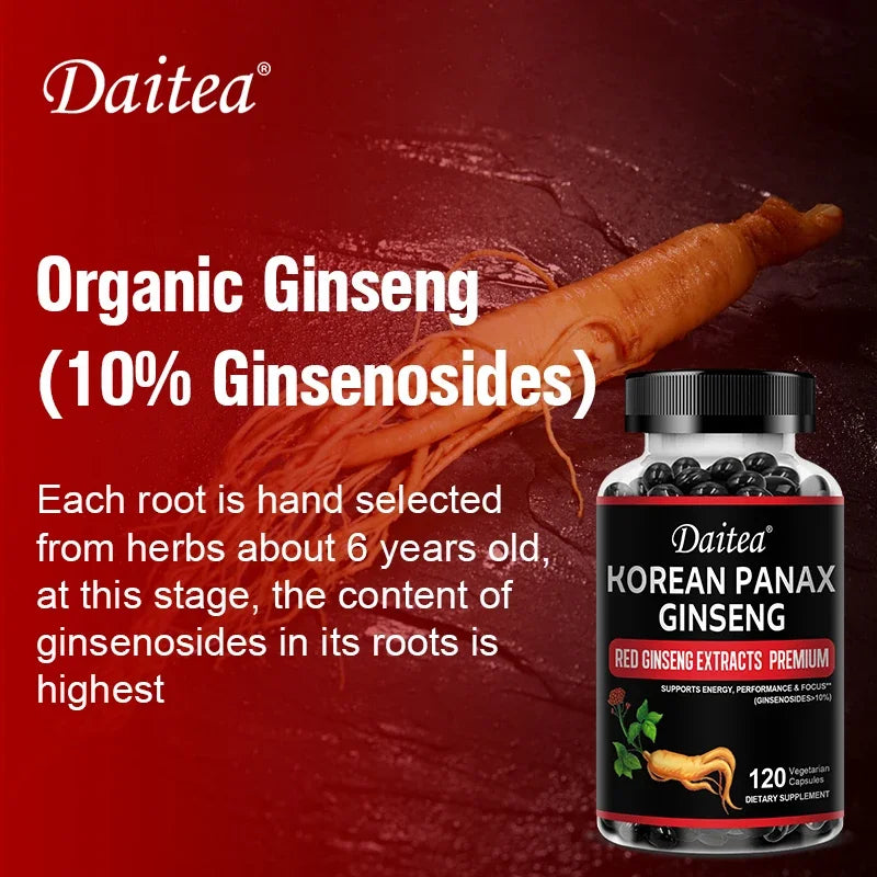 Daitea Organic Korean Red Ginseng Supplement - Energy, Muscle Mass, Endurance 30/60/120 Vegetarian Capsules