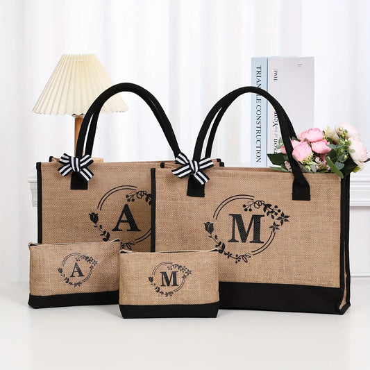Letter Garland Linen Large Capacity Canvas Tote Bag Shopping Bag Tote Bag Duffle Bag for Wedding, Birthday Beach Vacation