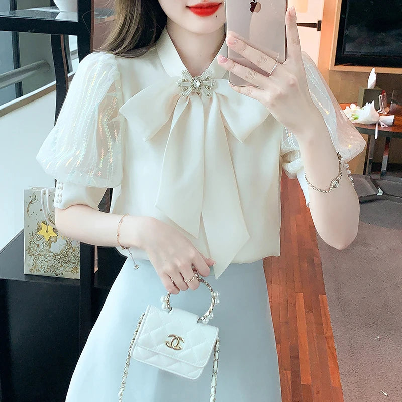 Fashion Bow Collar Apricot Chiffon Blouse Shirt Women Tops Blusas Mujer De Moda 2024 Verano Short Sleeve Blouse Women Blusa G587