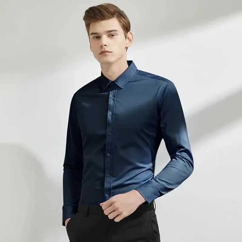 Men's long sleeved elastic shirt, non ironing business dress, professional work attire, stand up collar shirt