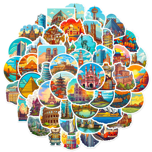 50pcs World Landmarks Buildings Cultural Landscapes Creative Tourism City Maps Waterproof Stickers in Various Countries