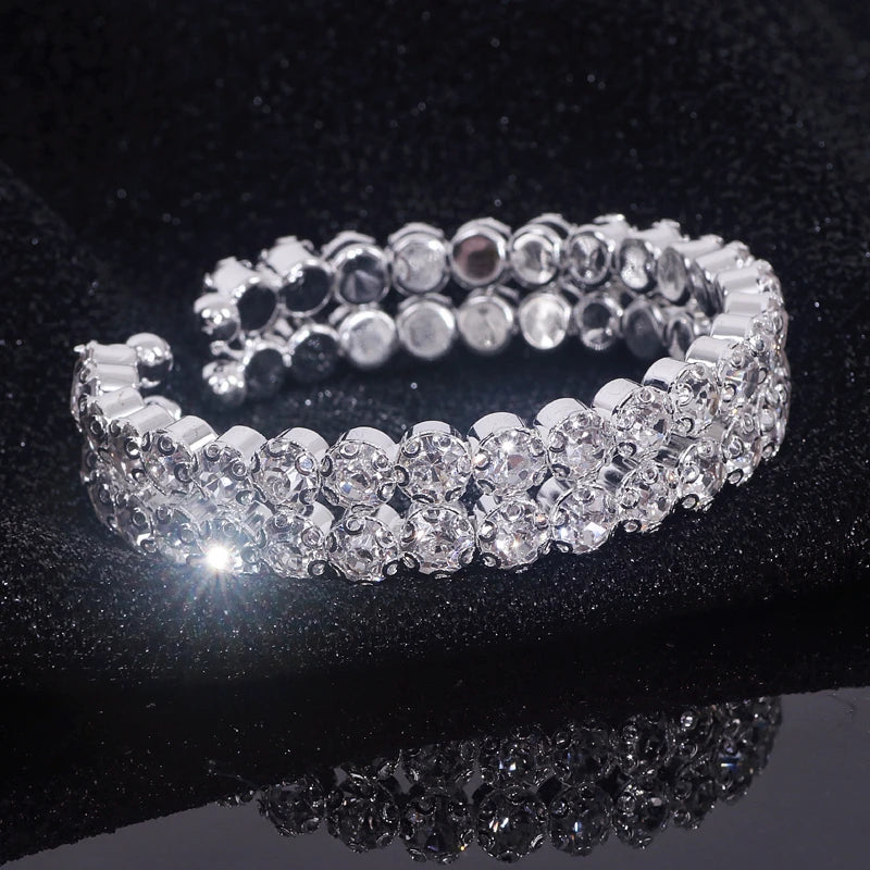 Luxury Bling Crystal Rhinestone Bracelets & Bangles for Women Silver Color Open Cuff Bracelet Elegant Bridal Wedding Jewelry