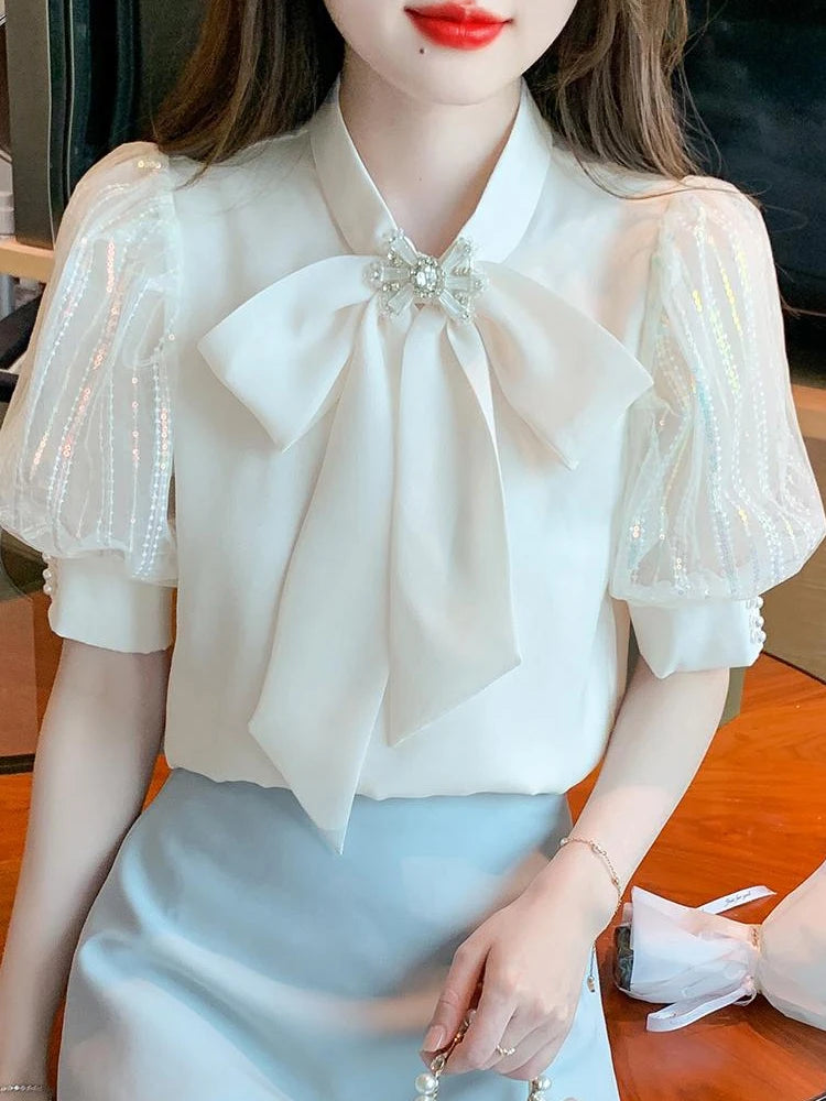 Fashion Bow Collar Apricot Chiffon Blouse Shirt Women Tops Blusas Mujer De Moda 2024 Verano Short Sleeve Blouse Women Blusa G587