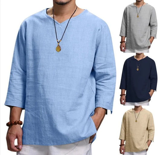 Men's New 3/4 Sleeve Loose Solid Casual Large Pullover Shirt