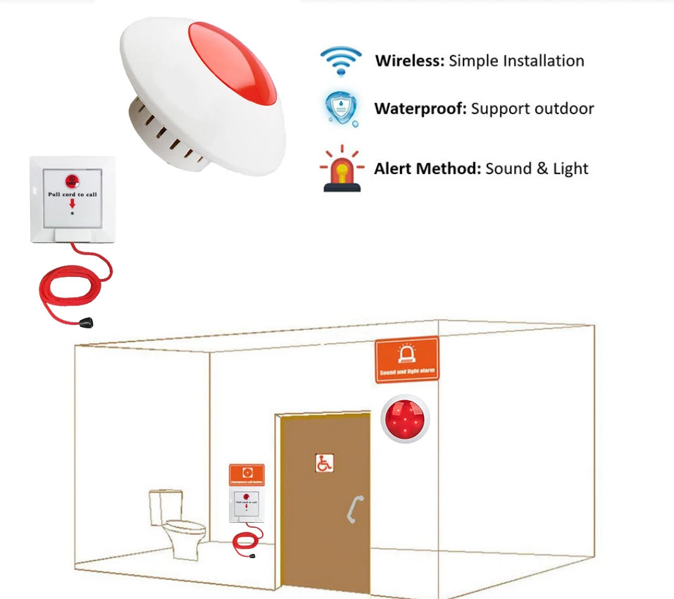 Ycall Wireless Disabled Persons Emergency Toilet Alarm Bathroom Safety Alert Pull Cord Call Button