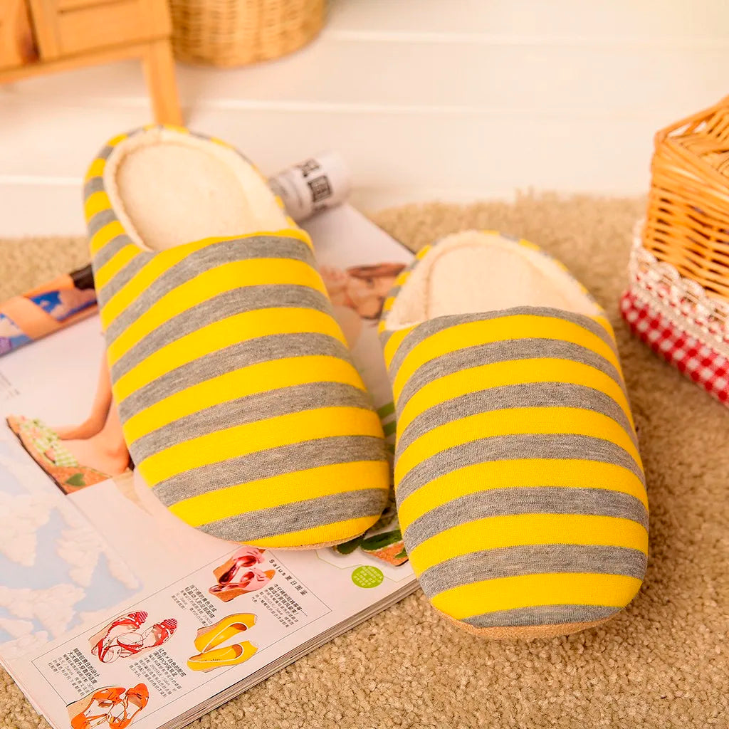 Women House Shoes 2024 Soft Striped Indoor Mute Cotton Slippers Non-Slip Slippers Warm Plush Unisex Comfort Home Floor Slippers