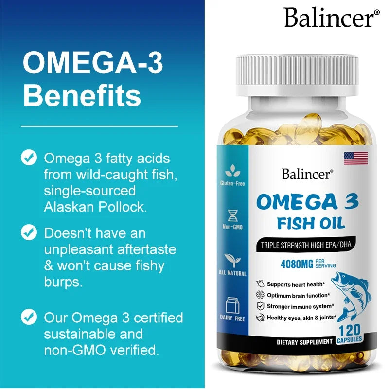 Balincer Omega 3 Fish Oil Capsules Rich in  DHA EPA Fishing Memory Heart Brain Bone Eyes Health Nutrition Free Shipping