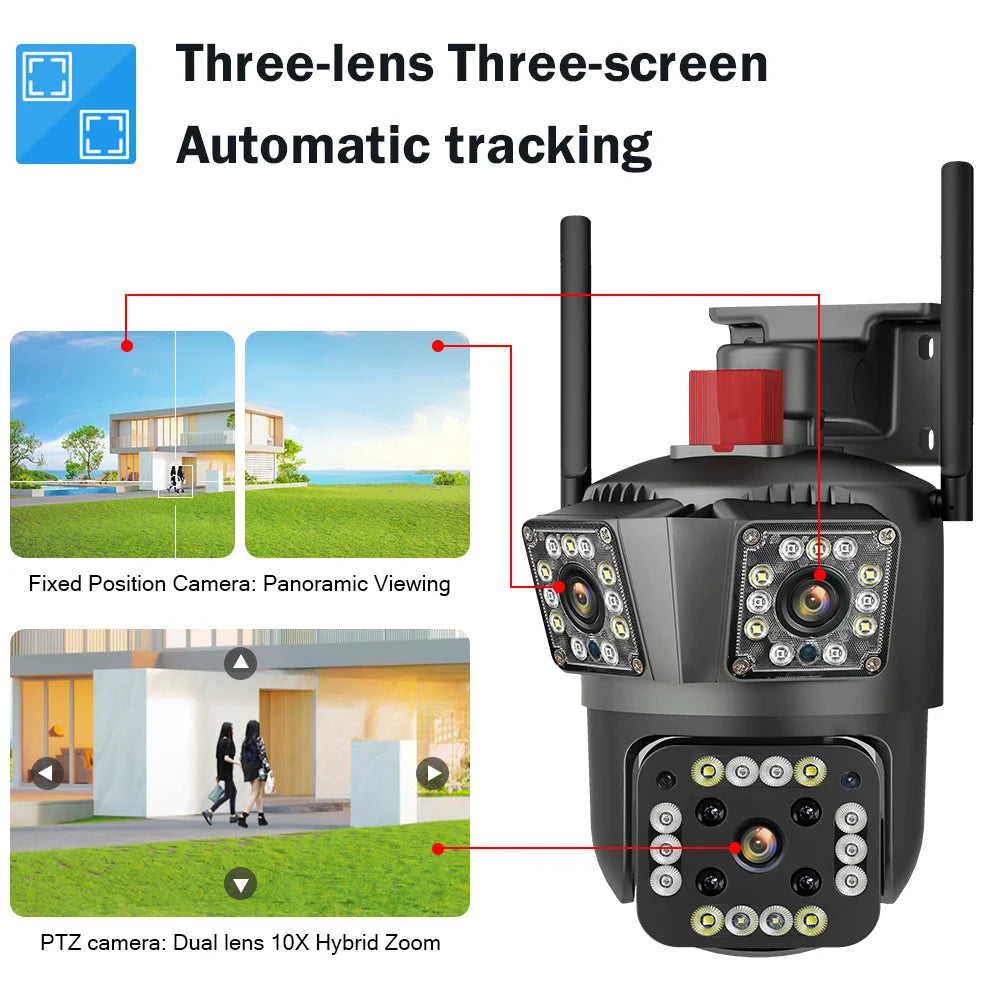 LegendSafe 12MP 6K IP WiFi Outdoor Camera PTZ Three Lens Dual Screen 10X  Zoom Auto Tracking Waterproof Security Protection