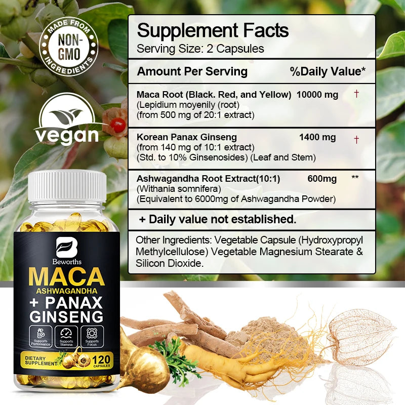 BEWORTHS Nature Ginseng Plant Root Extract Edible Energy enhancement vegetarian Capsules Helps Energy for Men and Women