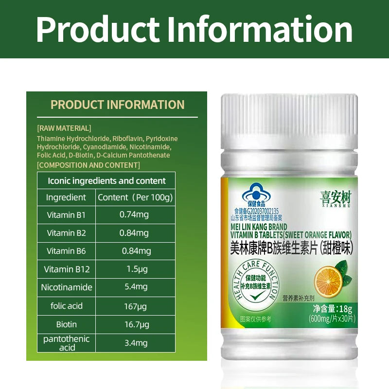 Vitamin B Complex Tablets 30pcs Vitamins B1 B2 B6 B12 Folic Acid Daily Nutritional Supplements for Orange Flavour CFDA Approve