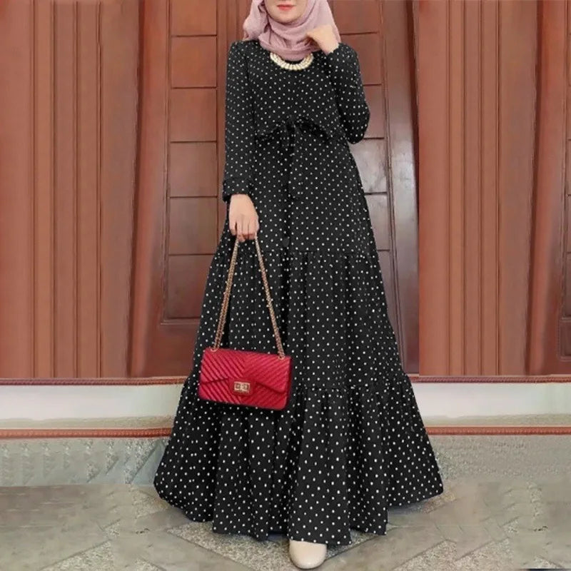 2024 New Muslim Moroccan Dot Print Long Sleeve Dress Party Plus Size 4XL 5XL Abaya Dubai Hijab Long Dresses Robe Elegante Femme