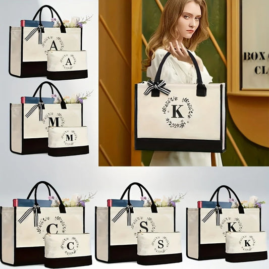 2PCS Women's Bag Set Large Capacity Shopping Bag Fashion Canvas Letter Handbag Makeup Bag Travel Storage Bag Office Handbag