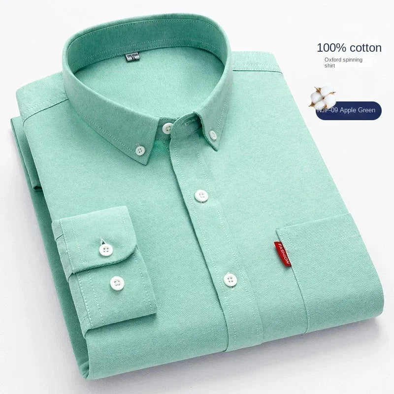 100% Pure Cotton Men's Solid Color Long Sleeve Shirt Youth Casual Cotton Oxford Spun Large Size Shirt Men's