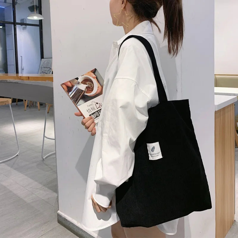 2023 Women Bag Corduroy Shoulder Bags Reusable Cotton Cloth Handbags School Shopping Large Grocery Organizer Shopper Tote Pack