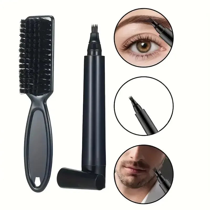 Waterproof 4-Tip Beard Pen Kit for Men - Long Lasting Natural Makeup with Beard Brush Included