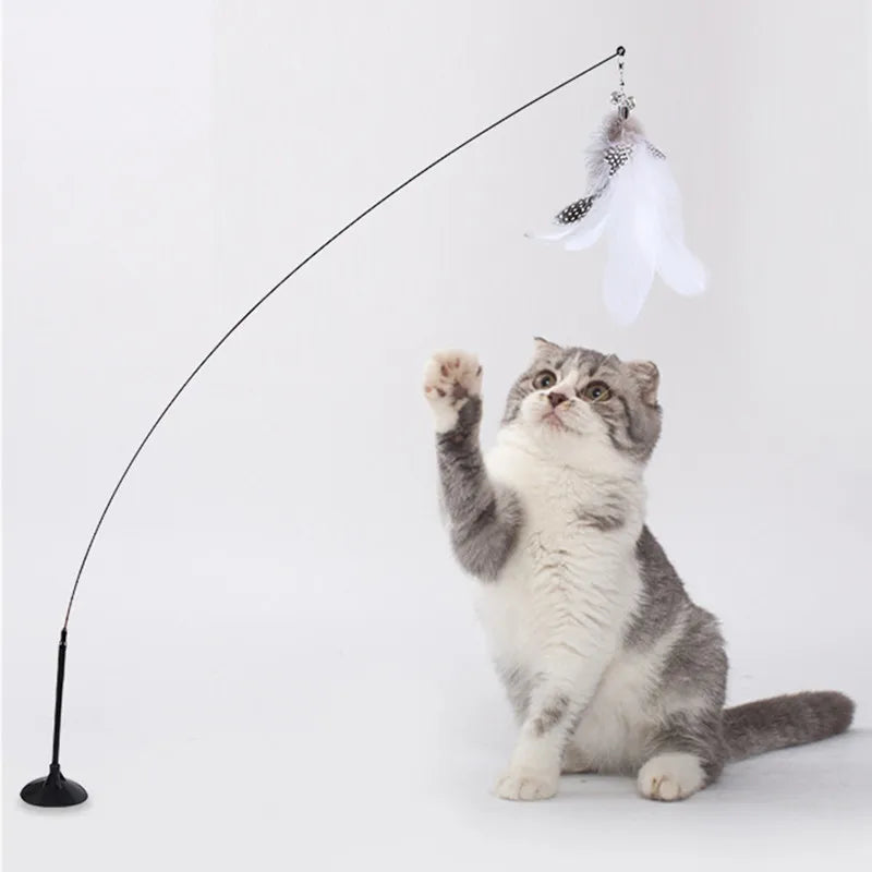 Cat Toys Interactive Cat Toy Steel Wire Feather Toys for Cats Stick Suction Cup Feather Cats Toy with Bell Teaser Pet Products