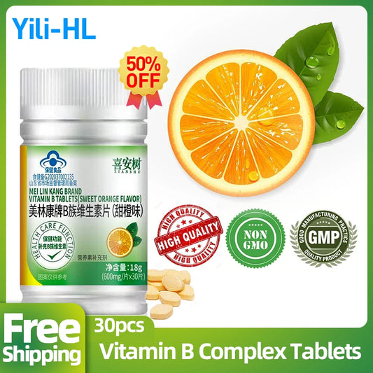 Vitamin B Complex Tablets 30pcs Vitamins B1 B2 B6 B12 Folic Acid Daily Nutritional Supplements for Orange Flavour CFDA Approve