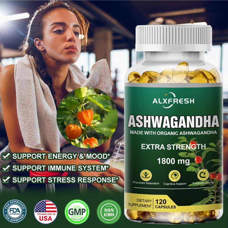 Alxfresh Pure Ashwagandha Powder & Root Extract Oil Capsules  1800mg with Black Pepper- Vegen Dietary Supplements 60/120 Count