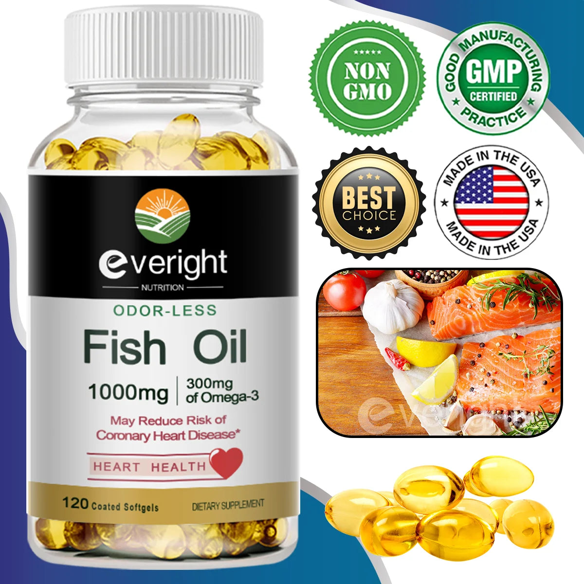 Fish Oil With Omega 3 EPA & DHA - 1000mg , Easy to Swallow, High Absorption - Non-GMO Natural Dietery Supplement