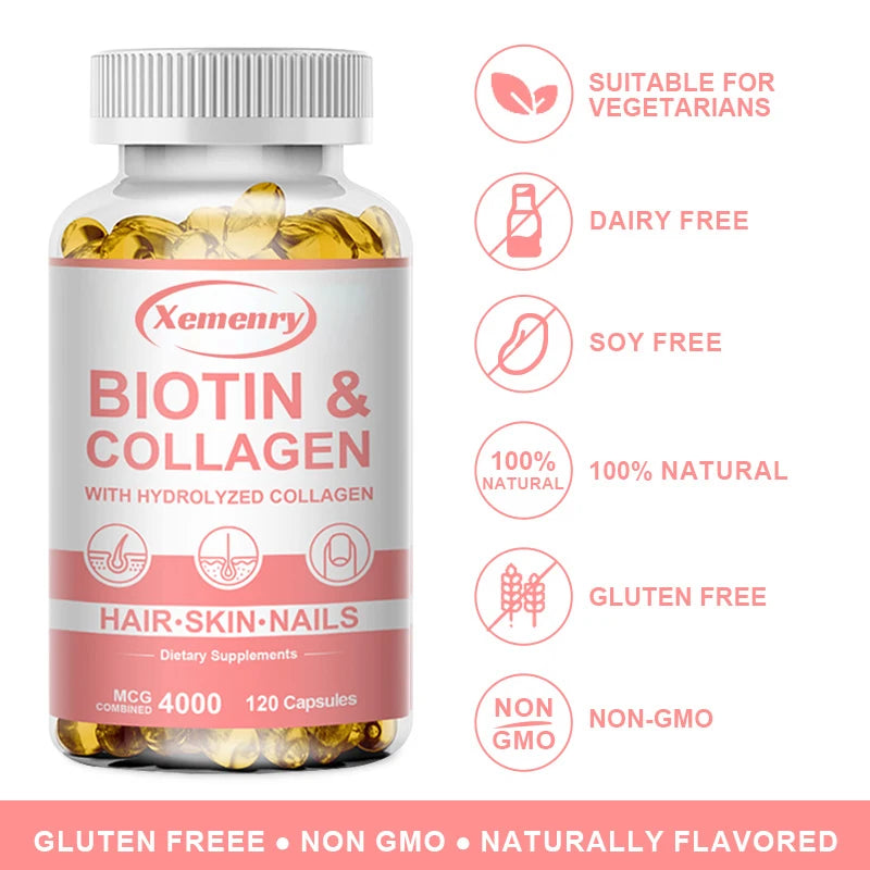 Xemenry Biotin and Collagen Supplement, Vegan Capsules Non-GMO, Gluten-Free