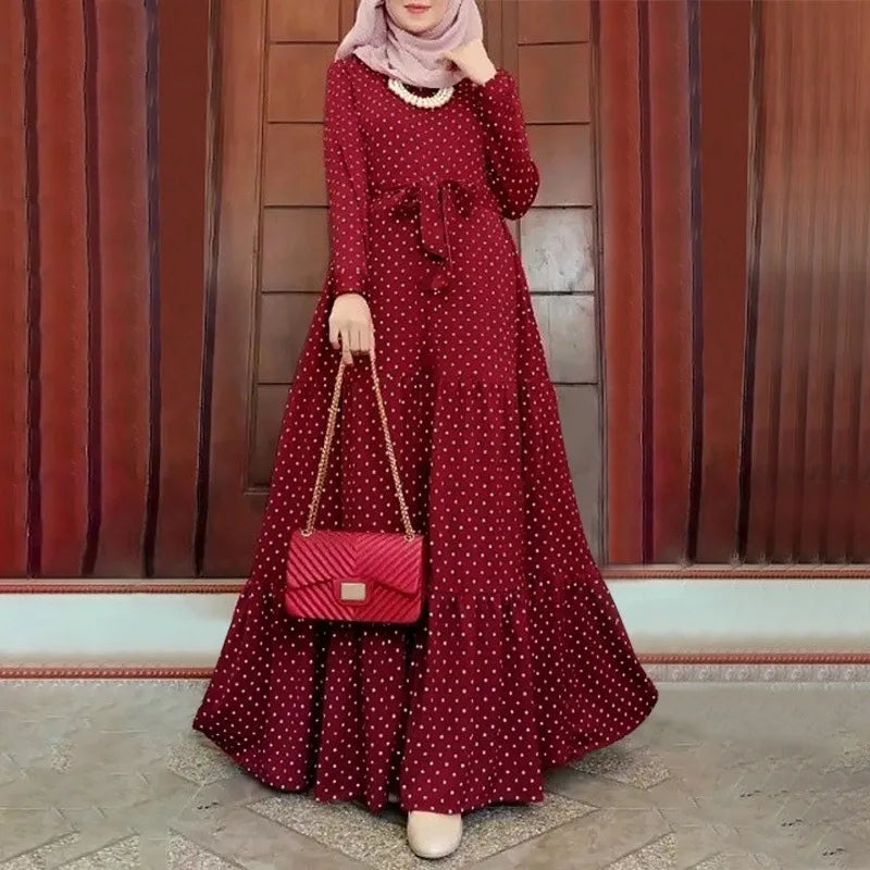2024 New Muslim Moroccan Dot Print Long Sleeve Dress Party Plus Size 4XL 5XL Abaya Dubai Hijab Long Dresses Robe Elegante Femme