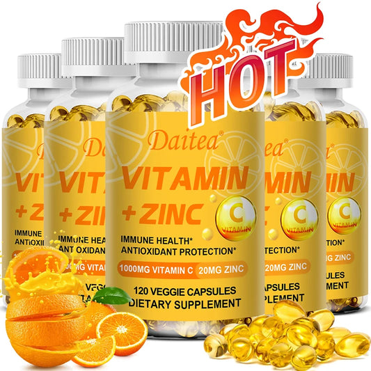 High Potency 20mg Zinc Capsules with 1000mg Vitamin C, Cardiovascular, Bone, Immune and Antioxidant Support Supplement