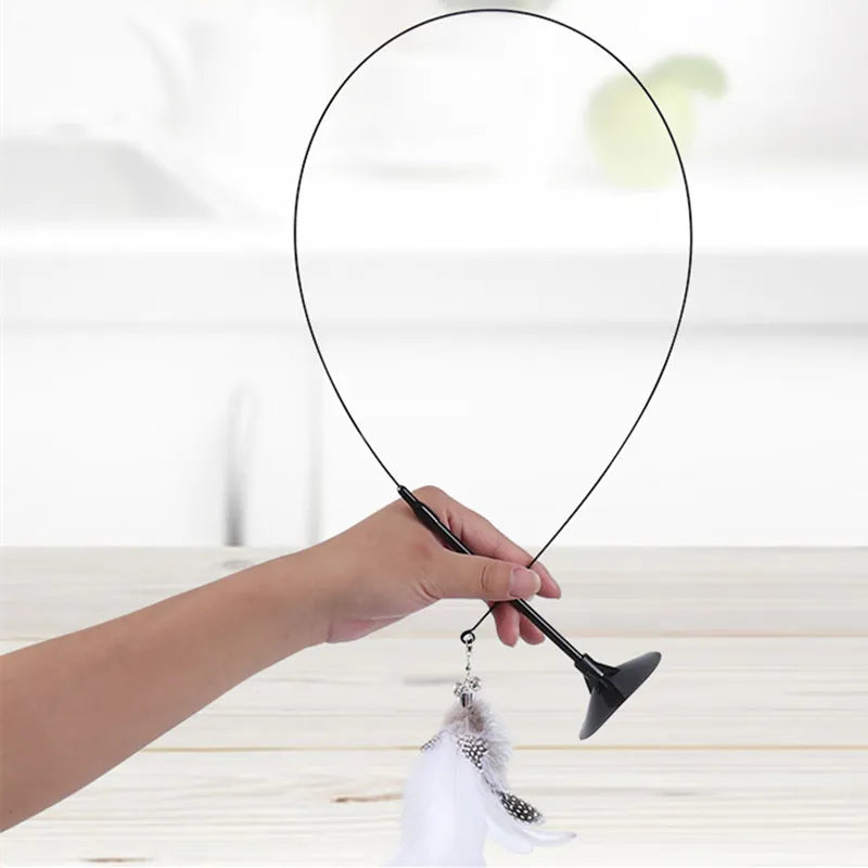 Cat Toys Interactive Cat Toy Steel Wire Feather Toys for Cats Stick Suction Cup Feather Cats Toy with Bell Teaser Pet Products