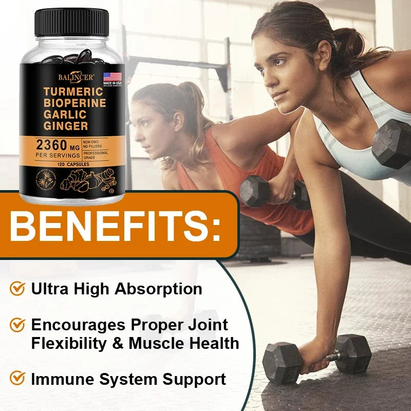 Turmeric Ginger Strong Absorption Support Muscle Joint Pain Arthritis Antioxidant Immunity Heart Brain Skin Digestive Supplement