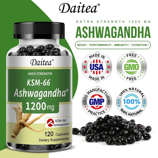 Ashwagandha Capsules 1200 Mg - Stress Mood Formula, Energy and Focus Booster, 120 Vegetarian Capsules