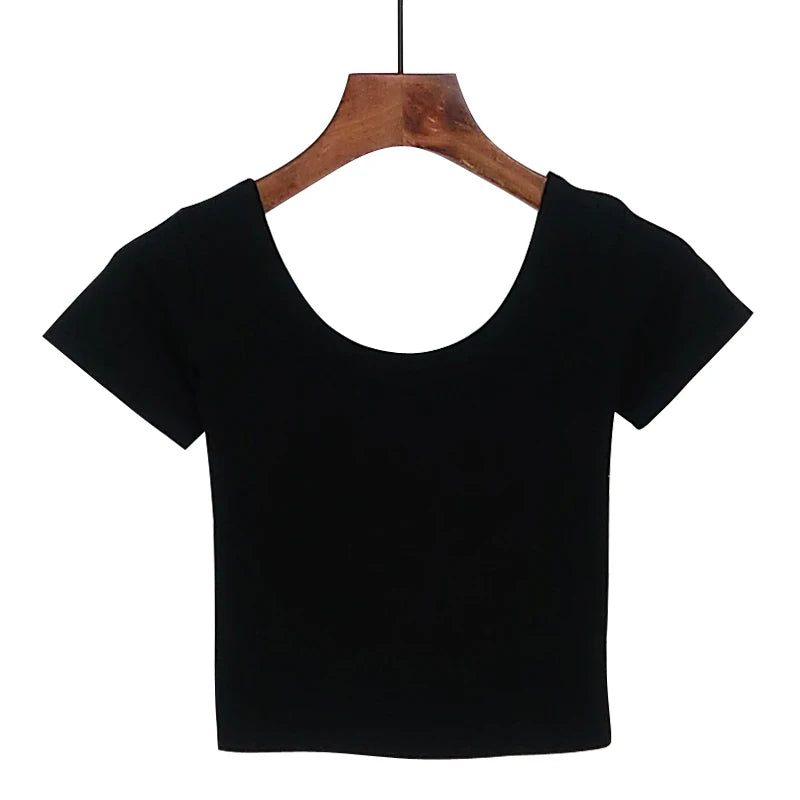 Stretch Women Cotton  U Neck Crop Top 2024 Girls Short Sleeve Female Fashion Best Sell Popular Tee Top T-shirt Hot Sale