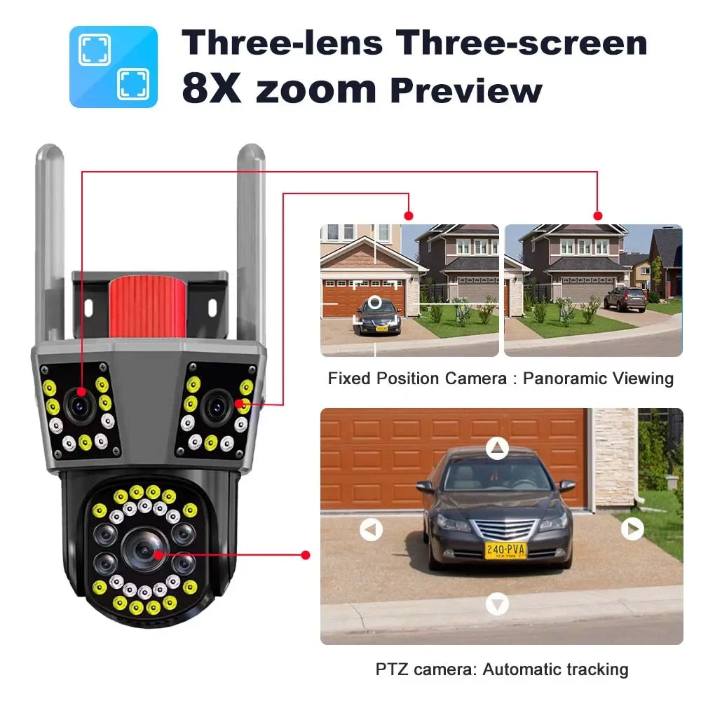 12MP 6K WIFI IP Camera Outdoor 8X Zoom HD Three Lens Three Screens PTZ CCTV Auto Tracking Video Surveillance Security Protection