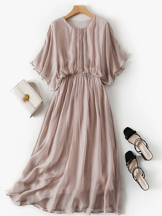 Birdtree 100% Mulberry Silk Dress Women O Necks Button Elastic Waist Beach Batwing Short Sleeve Maxi Dress 2023 Summer D36215JM