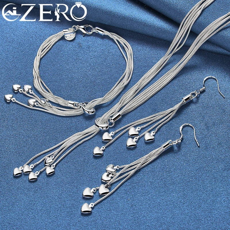 Hot Sale Jewelry Sets 925 Sterling Silver Snake Chain Hanging Heart Bracelets Necklaces Earrings For Women Wedding Charm Gift