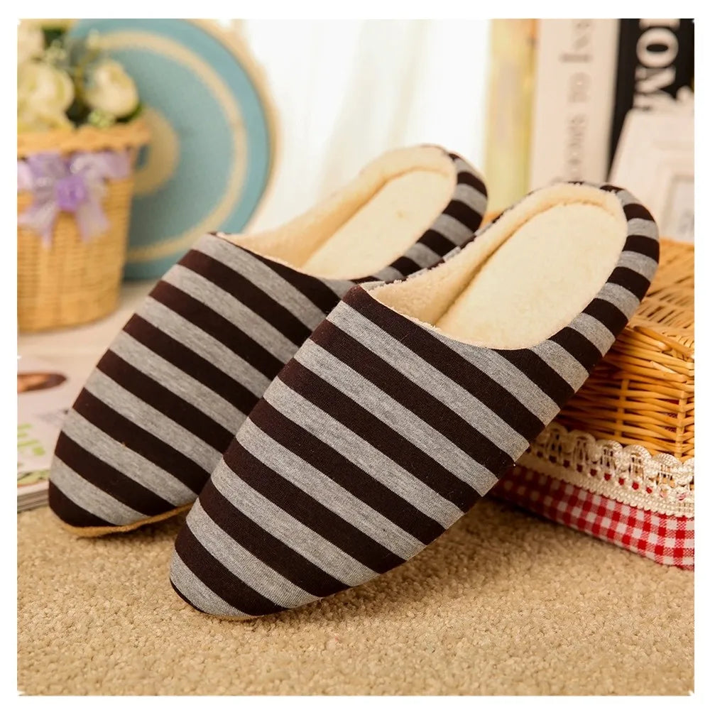 Women House Shoes 2024 Soft Striped Indoor Mute Cotton Slippers Non-Slip Slippers Warm Plush Unisex Comfort Home Floor Slippers