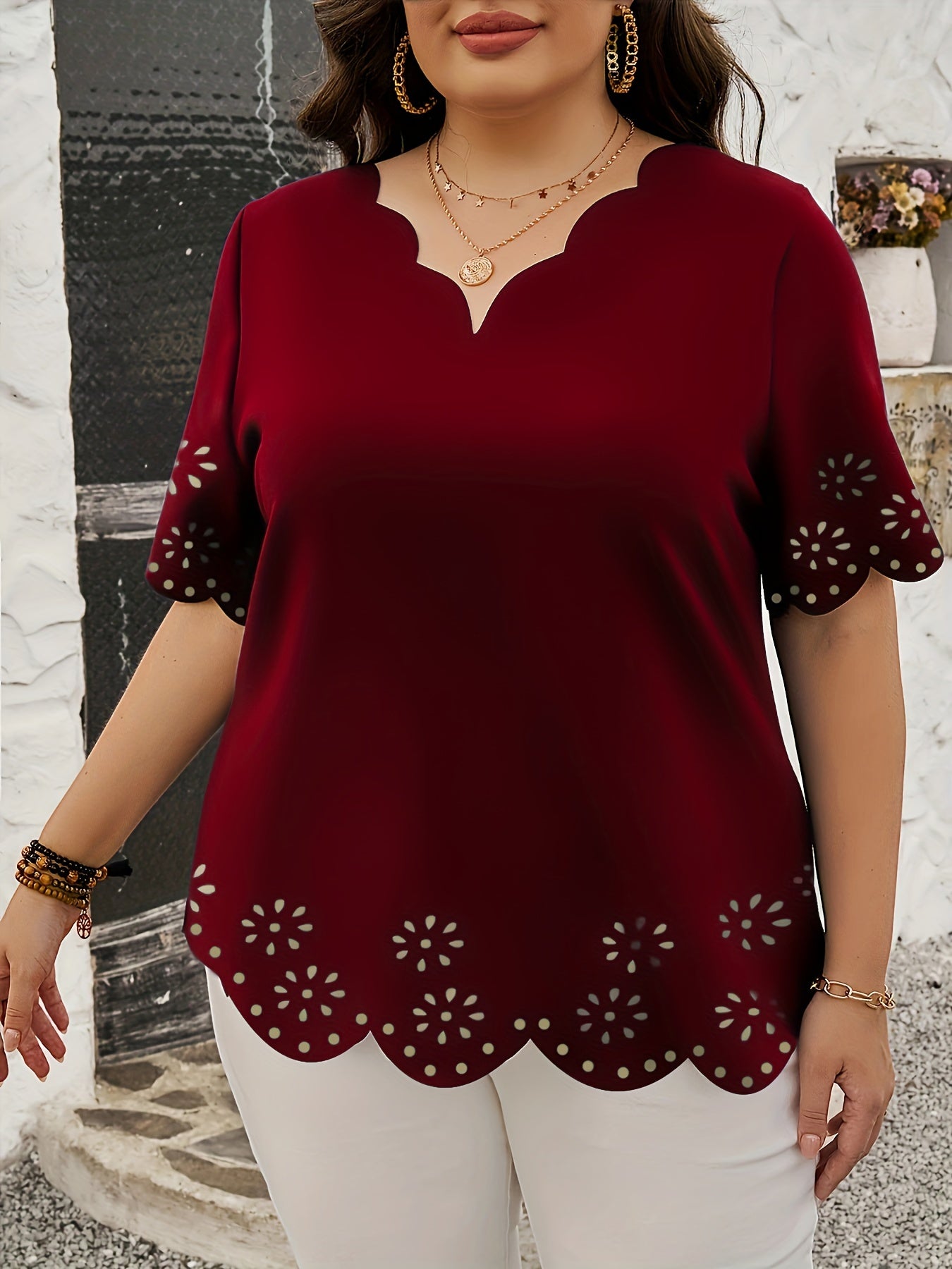 Plus Size Scallop Trim Blouse - Fashionable Cut Out Detail, V Neck, Short Sleeves - Perfect Casual Wear for Spring - Curvy Womens Clothing