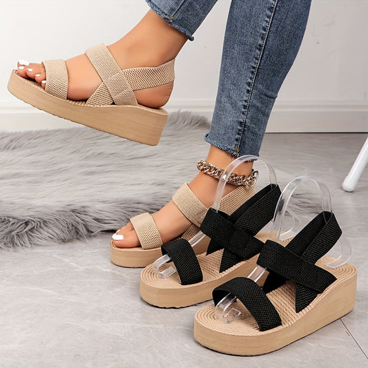 Women's Summer Wedge Sandals, Casual Round Open Toe Elastic Band Shoes, Comfortable Slip On Beach Sandals