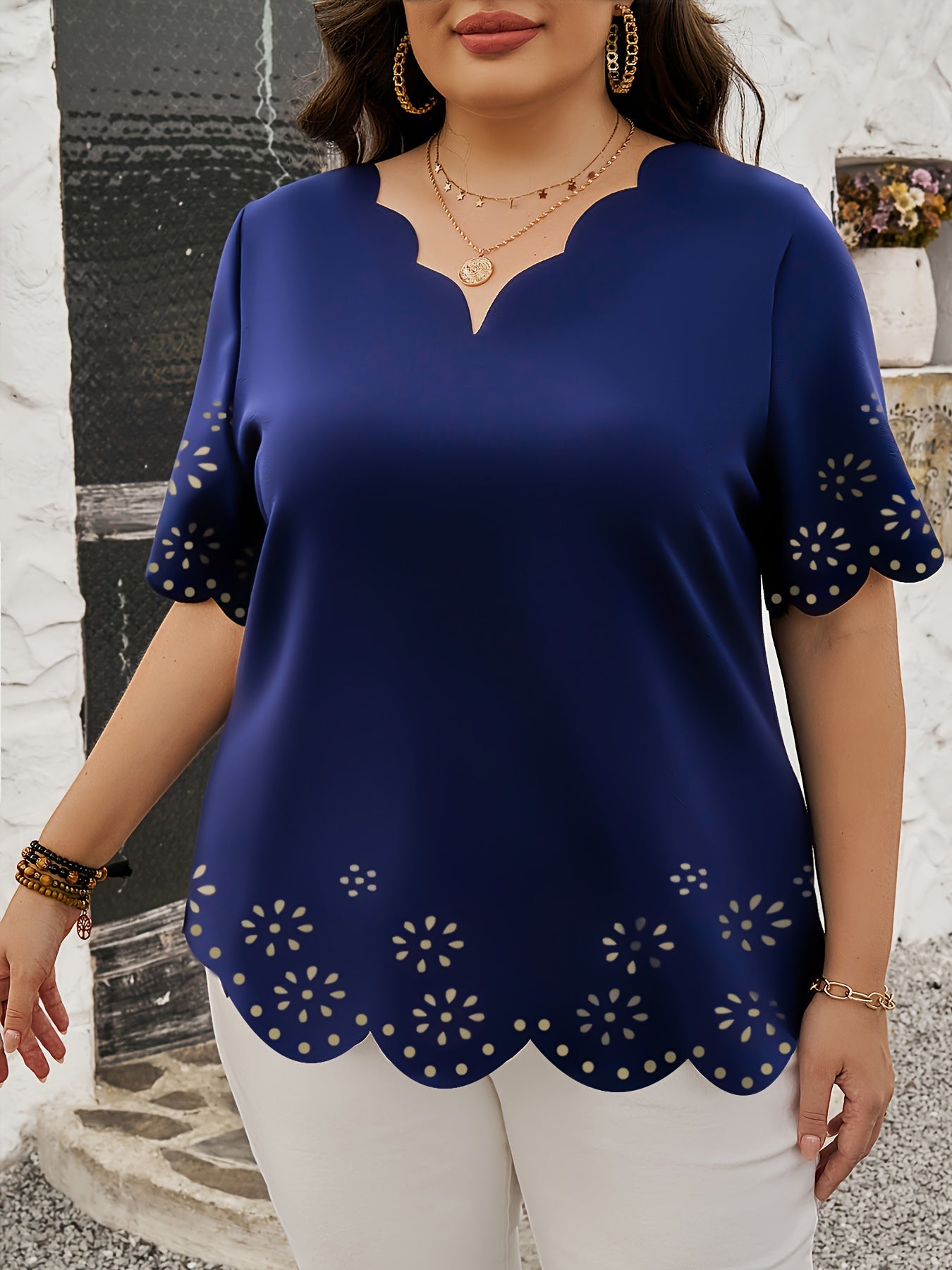 Plus Size Scallop Trim Blouse - Fashionable Cut Out Detail, V Neck, Short Sleeves - Perfect Casual Wear for Spring - Curvy Womens Clothing
