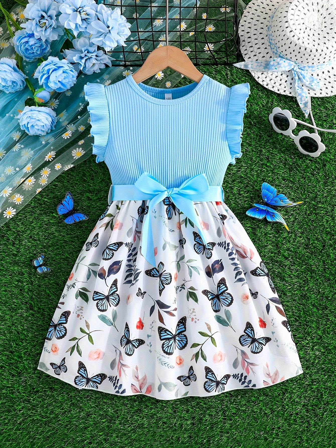 Girls Splicing Flutter Trim Butterfly Graphic Dress Elegant Dresses For Party