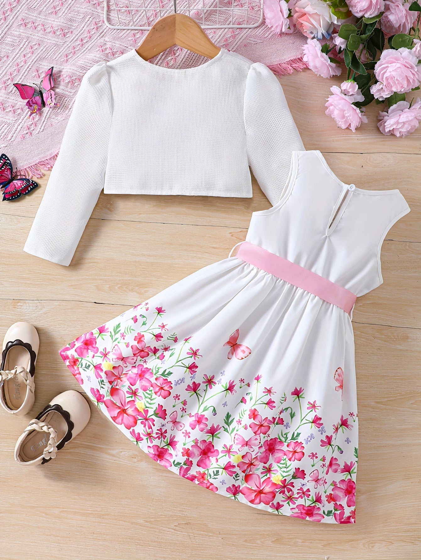 Girls Adorable Long Sleeve Cardigan & Floral Sundress Set - Soft & Stylish Two-piece Outfit for Daily Summer Adventures
