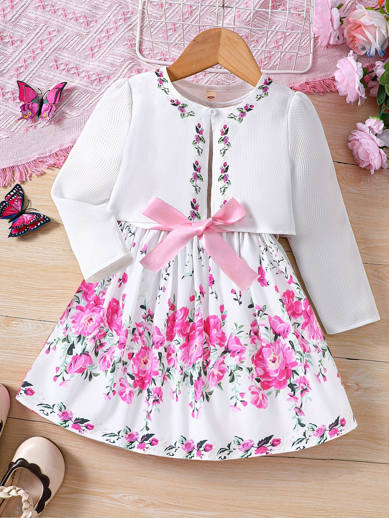 Girls Adorable Long Sleeve Cardigan & Floral Sundress Set - Soft & Stylish Two-piece Outfit for Daily Summer Adventures