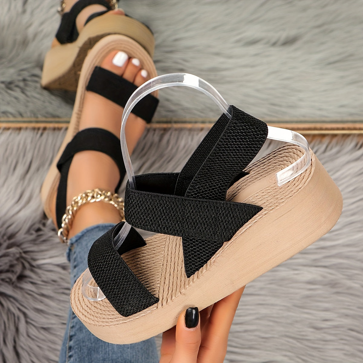 Women's Summer Wedge Sandals, Casual Round Open Toe Elastic Band Shoes, Comfortable Slip On Beach Sandals